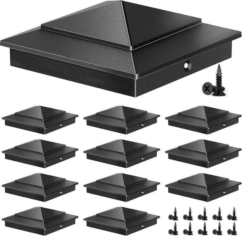 toscoco 12-Pack Aluminium Pyramid Post Caps for 6" x 6" (Actual 5.5" x 5.5") Wood Post Cedar Fence Deck Corridors Mailbox Posts End, Waterproof Fence Post Cap Cover with Screws, Black - Image 1